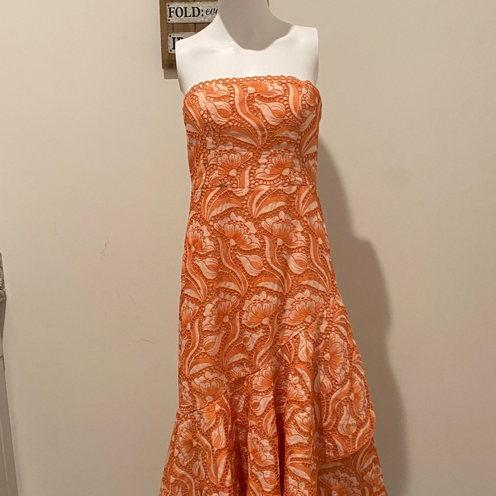 Anthropologie Strapless Orange Patterned Dress